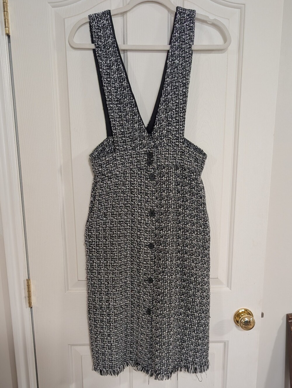 Black & white Paper Crane Tweed Button-up Pinafore Dress